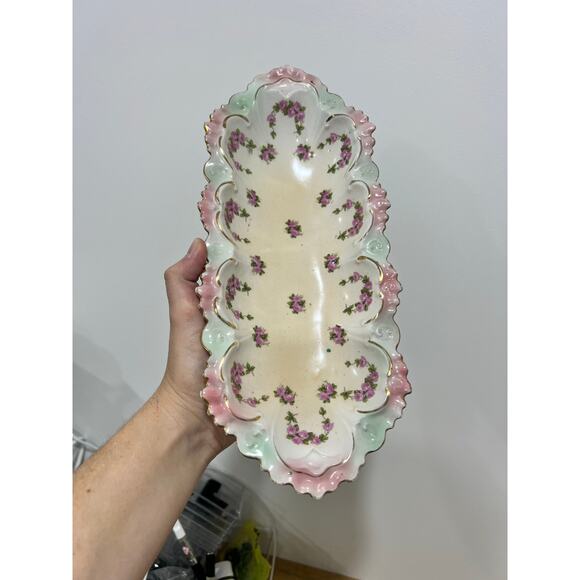 Victorian Pink & Blue Floral Detail w/ Gold Accent Celery Dish Made in Austria ? - Picture 4 of 7
